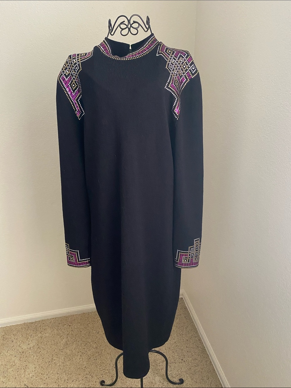 Vintage St. John Black Long-Sleeve Knit Dress with Purple Accent Embellishment